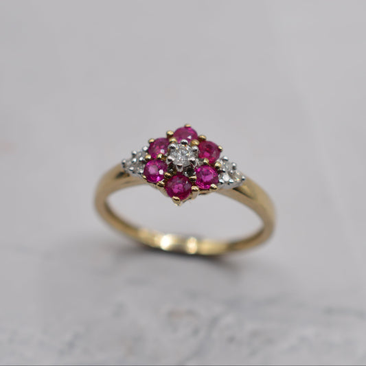 Y2K-era 9ct Gold Ruby & Diamond Floral Cluster Ring