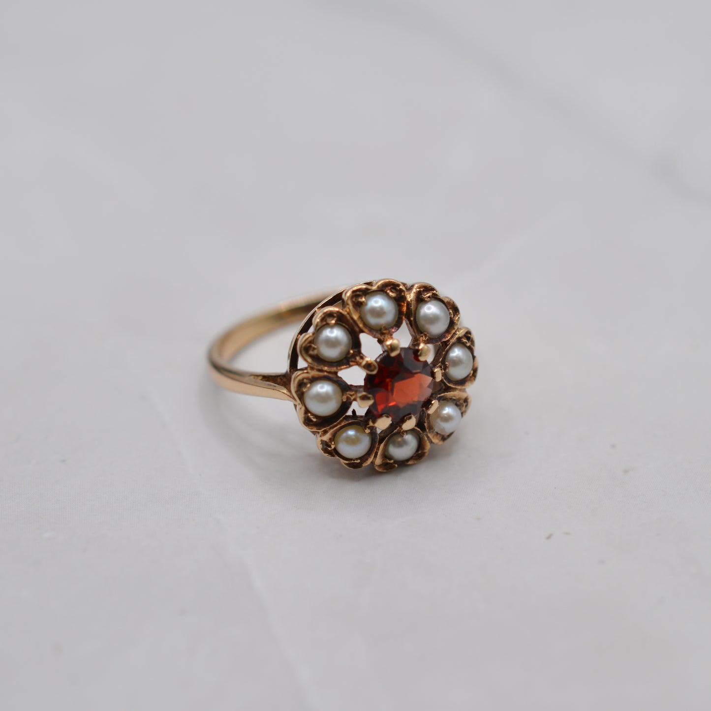 1960s Vintage 9ct Gold Garnet & Pearl Cluster Ring
