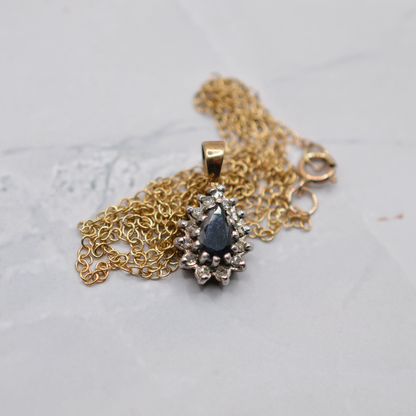 1980s Vintage 9ct Gold Sapphire & Diamond Cluster Pendant Necklace