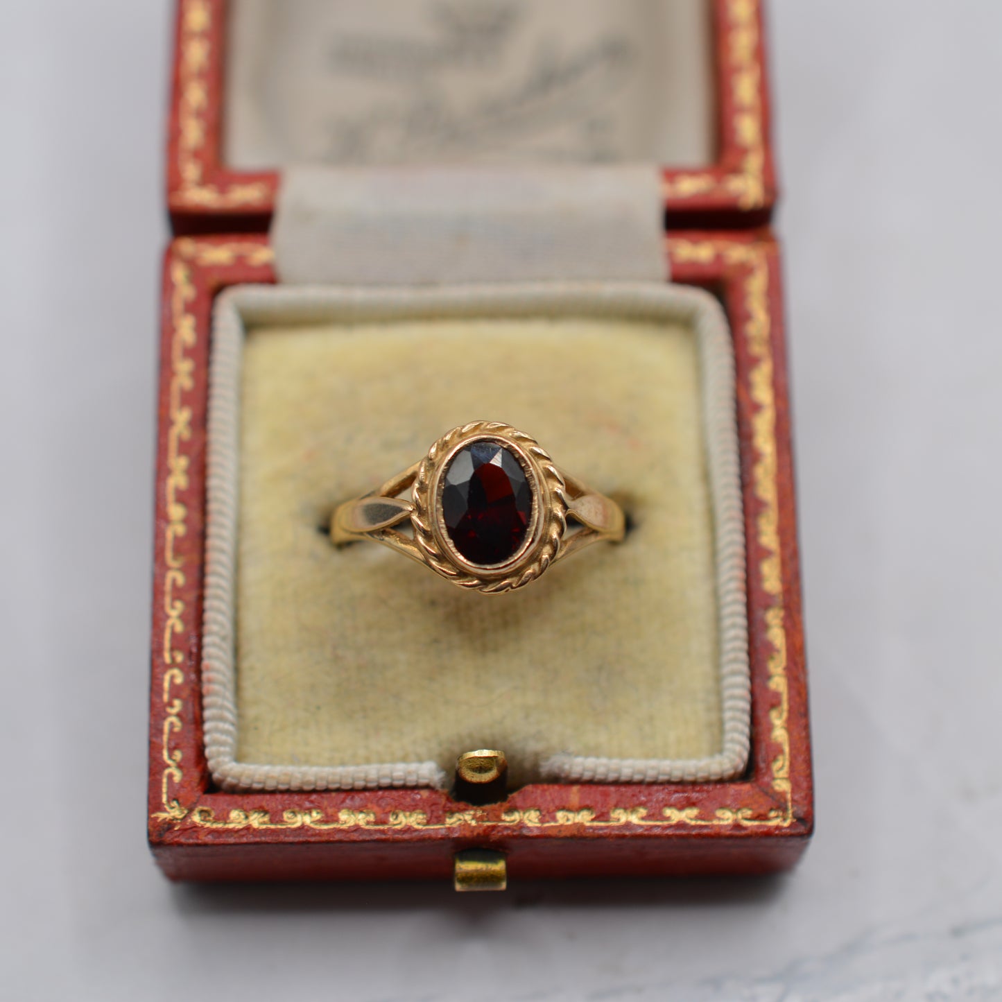 9ct Gold Garnet Ring with Rope-Twist Border