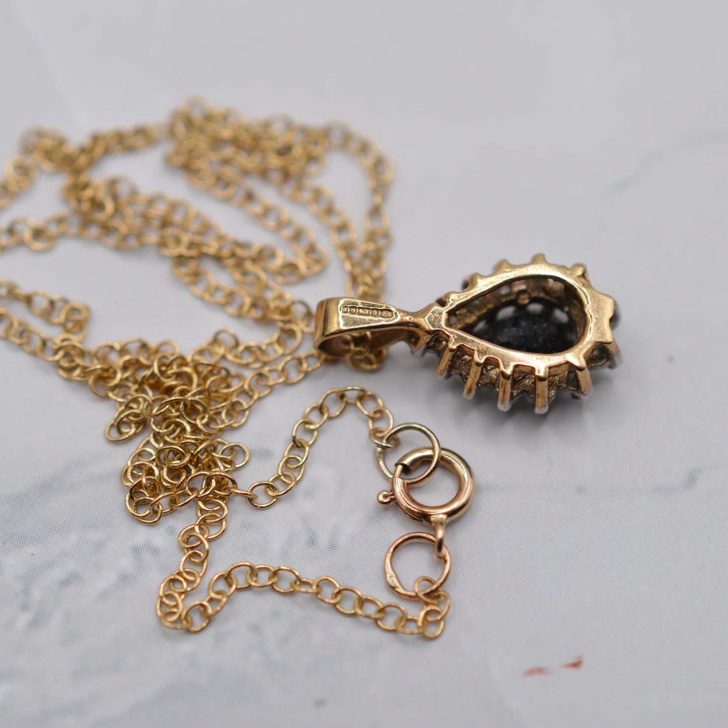 1980s Vintage 9ct Gold Sapphire & Diamond Cluster Pendant Necklace