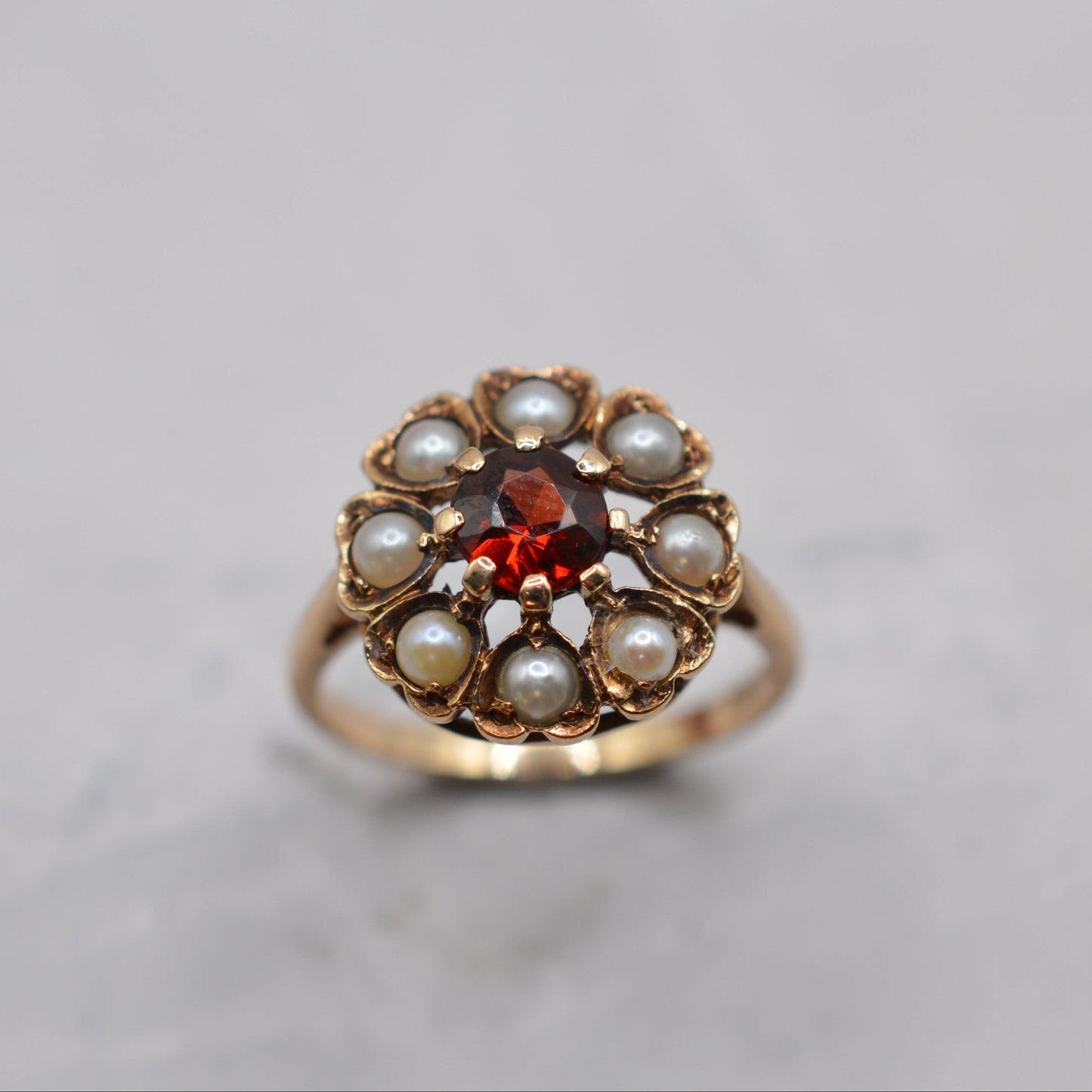 1960s Vintage 9ct Gold Garnet & Pearl Cluster Ring