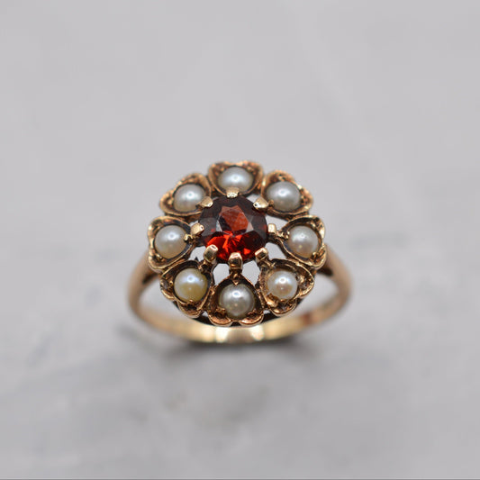 1960s Vintage 9ct Gold Garnet & Pearl Cluster Ring
