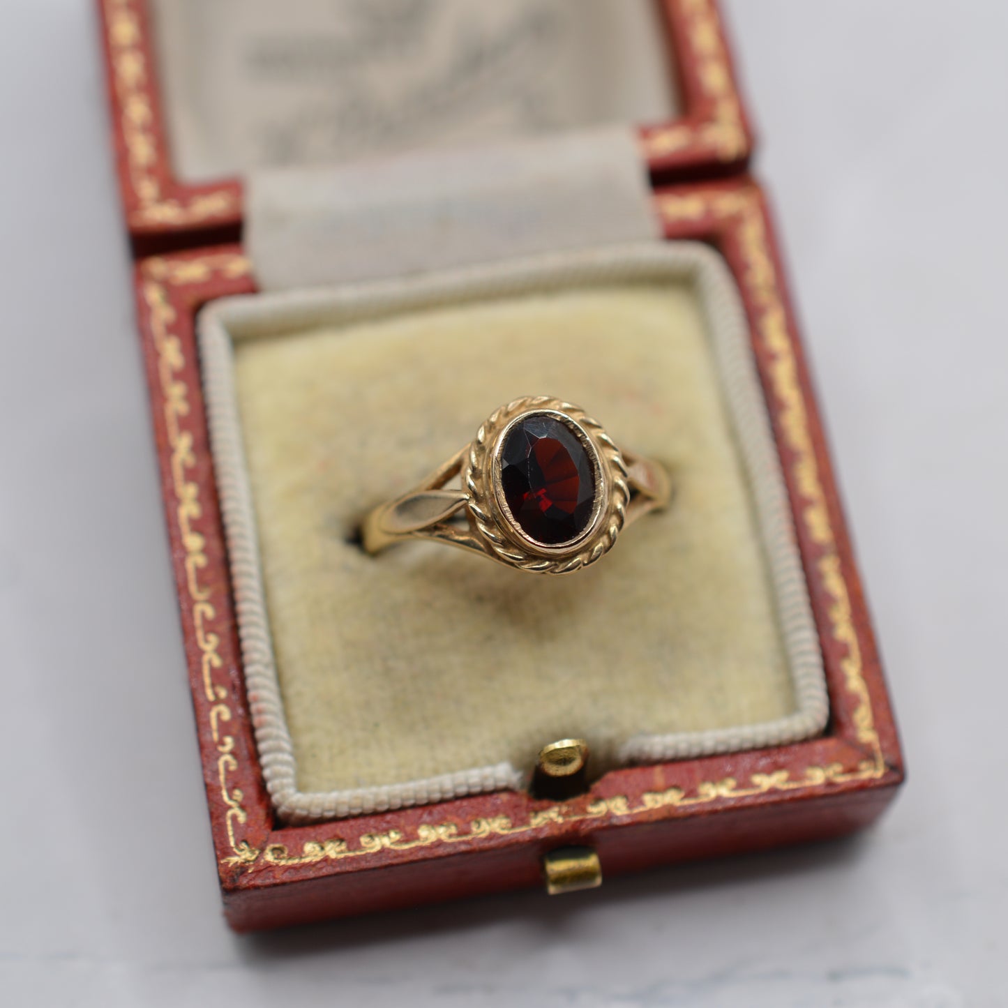 9ct Gold Garnet Ring with Rope-Twist Border