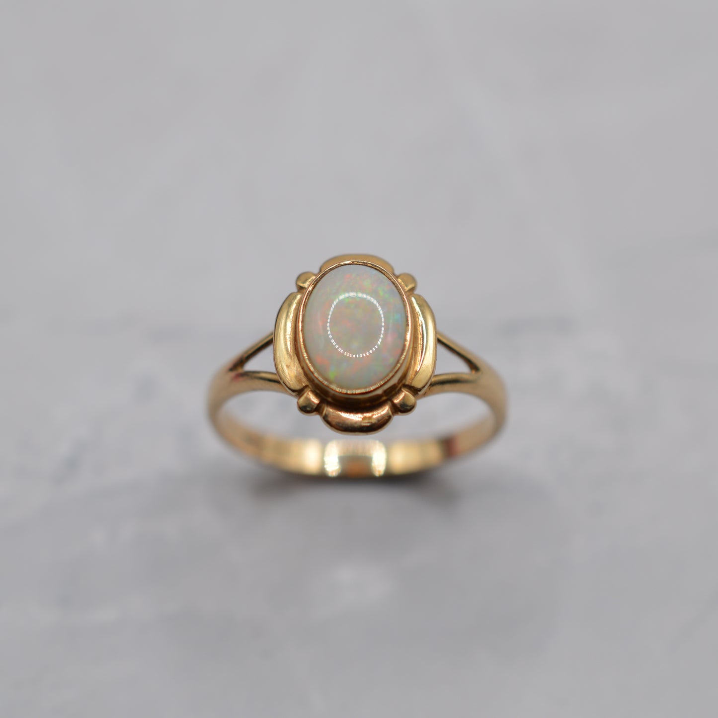 9ct Gold Opal Ring with Art Nouveau–Style Frame