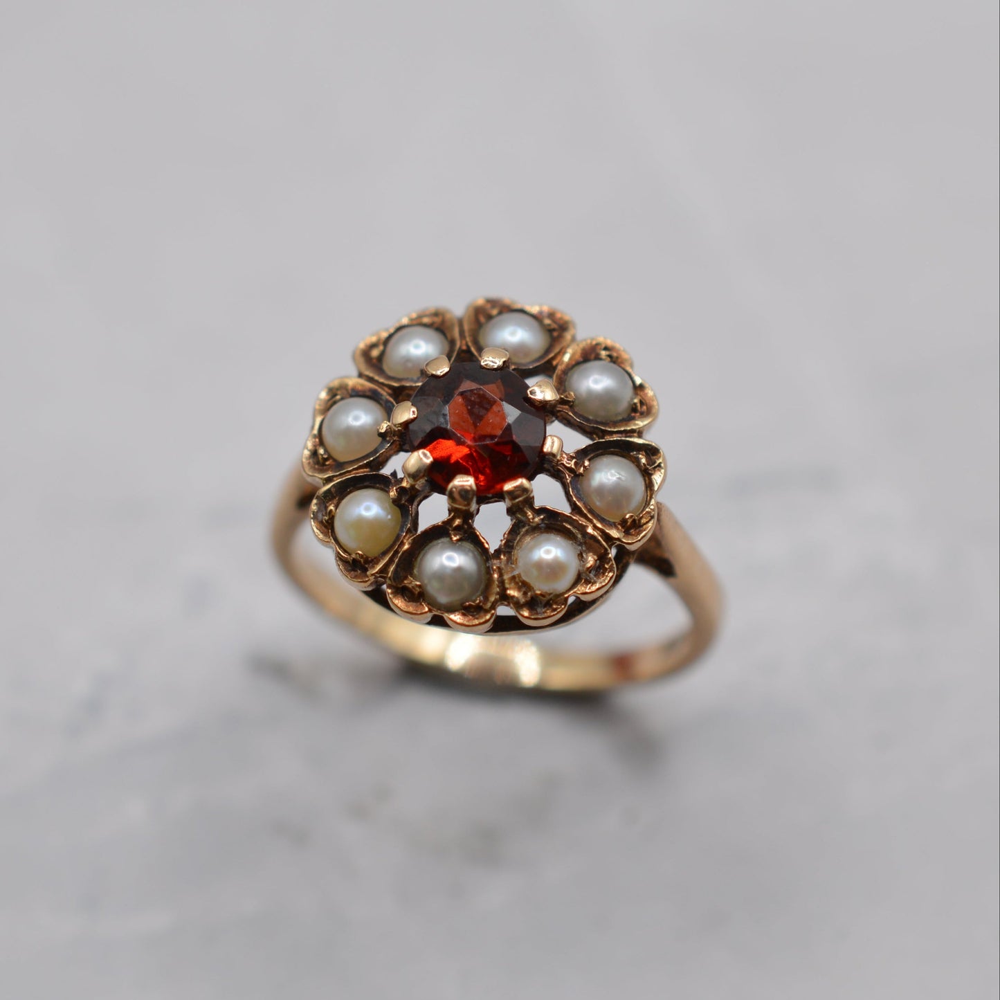 1960s Vintage 9ct Gold Garnet & Pearl Cluster Ring