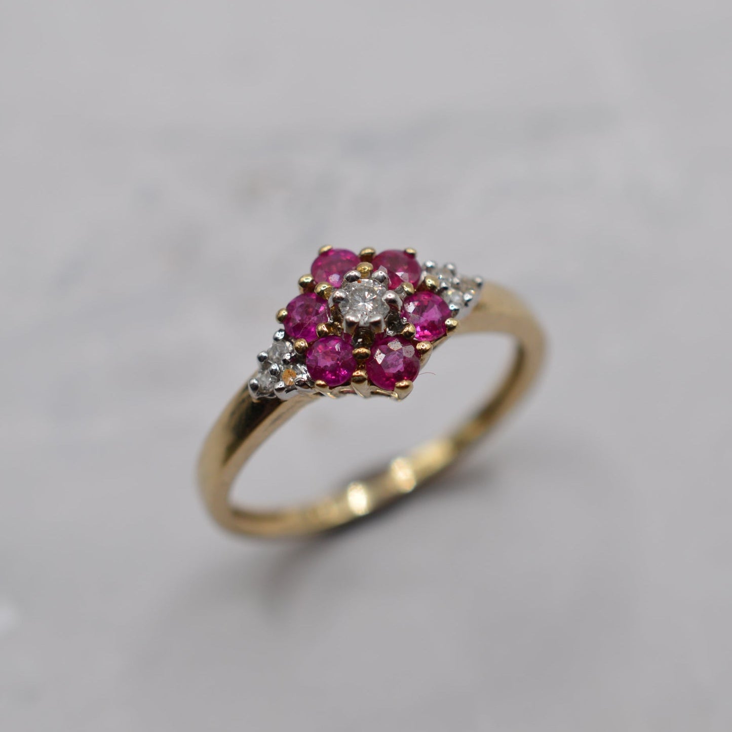 Y2K-era 9ct Gold Ruby & Diamond Floral Cluster Ring
