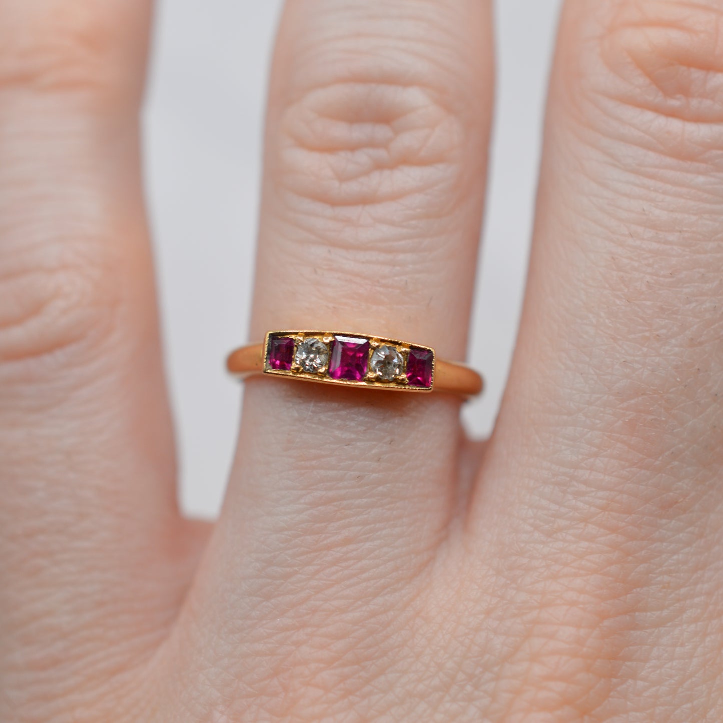 Antique Edwardian 1906 18ct Gold Ruby & Diamond Five-Stone Ring