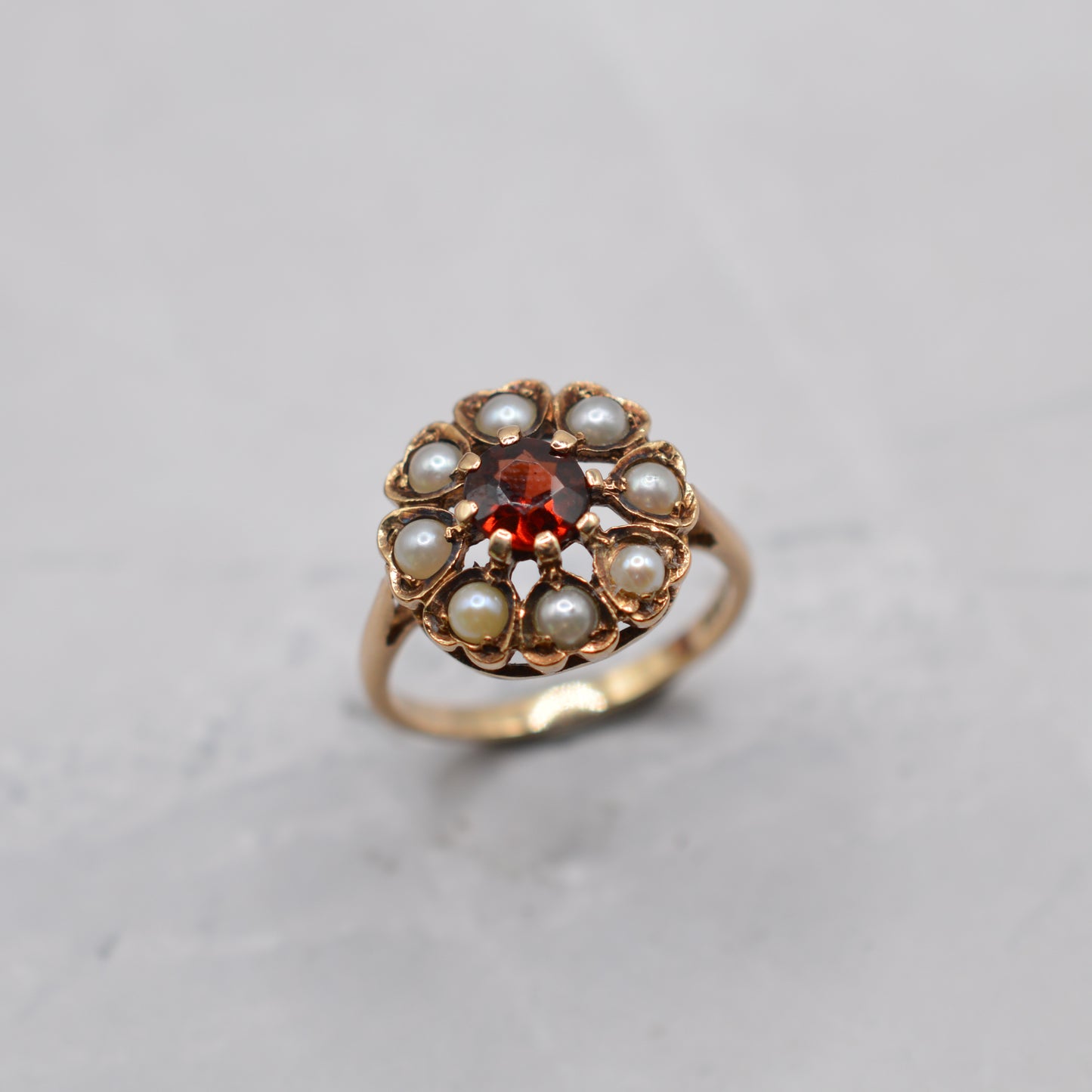 1960s Vintage 9ct Gold Garnet & Pearl Cluster Ring