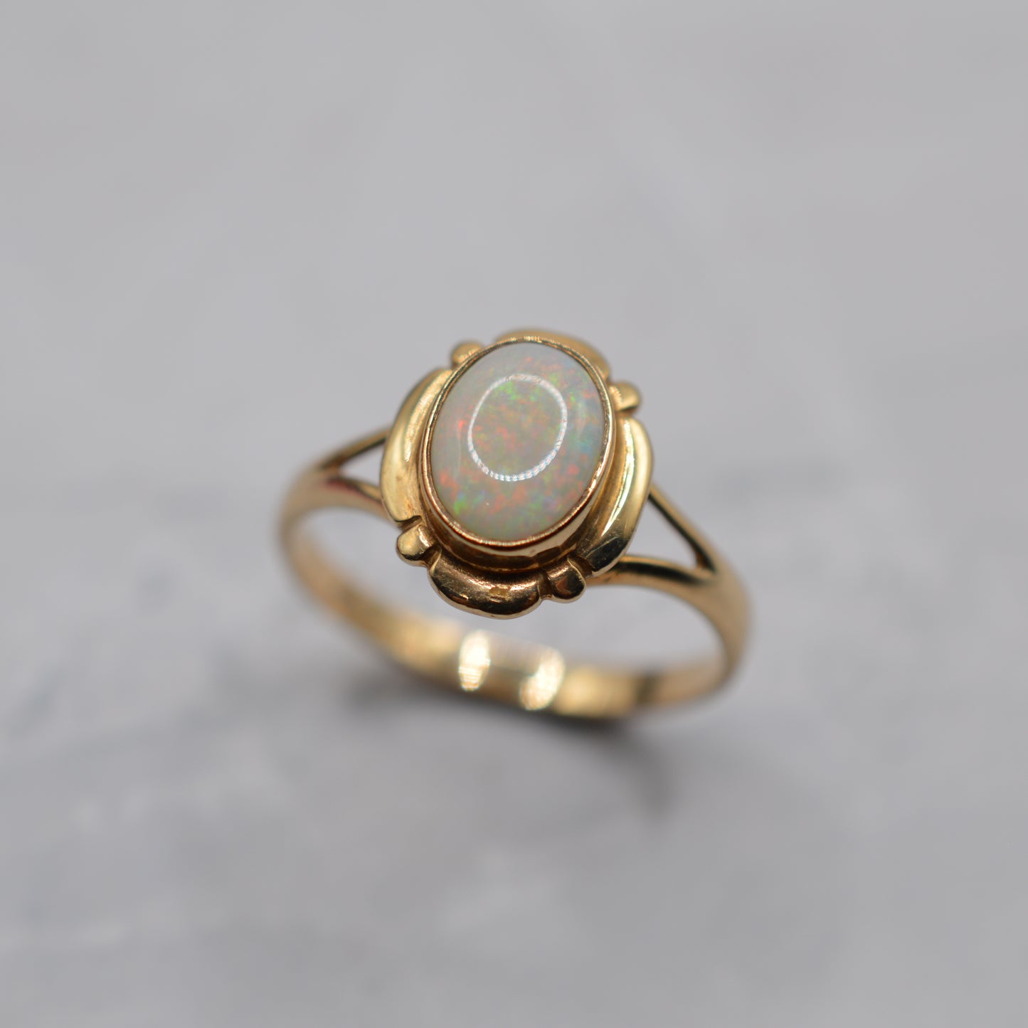 9ct Gold Opal Ring with Art Nouveau–Style Frame