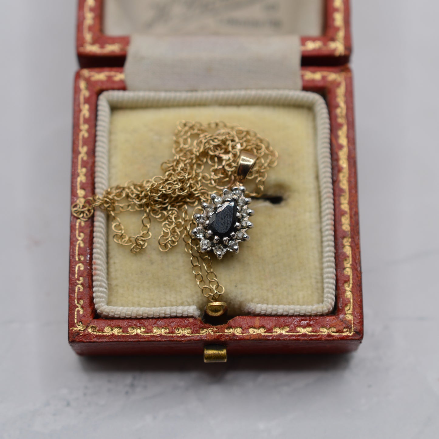 1980s Vintage 9ct Gold Sapphire & Diamond Cluster Pendant Necklace