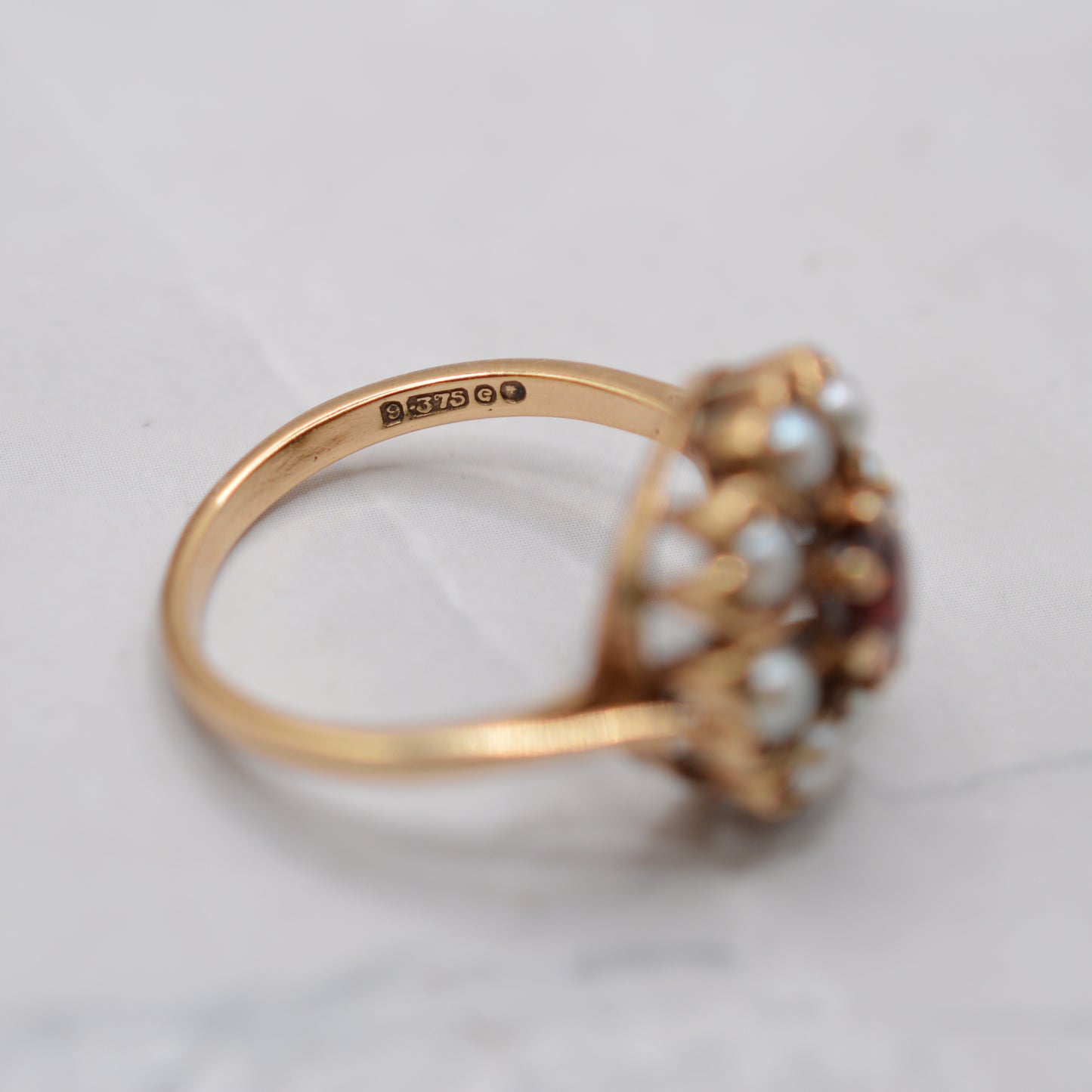 1960s Vintage 9ct Gold Garnet & Pearl Cluster Ring