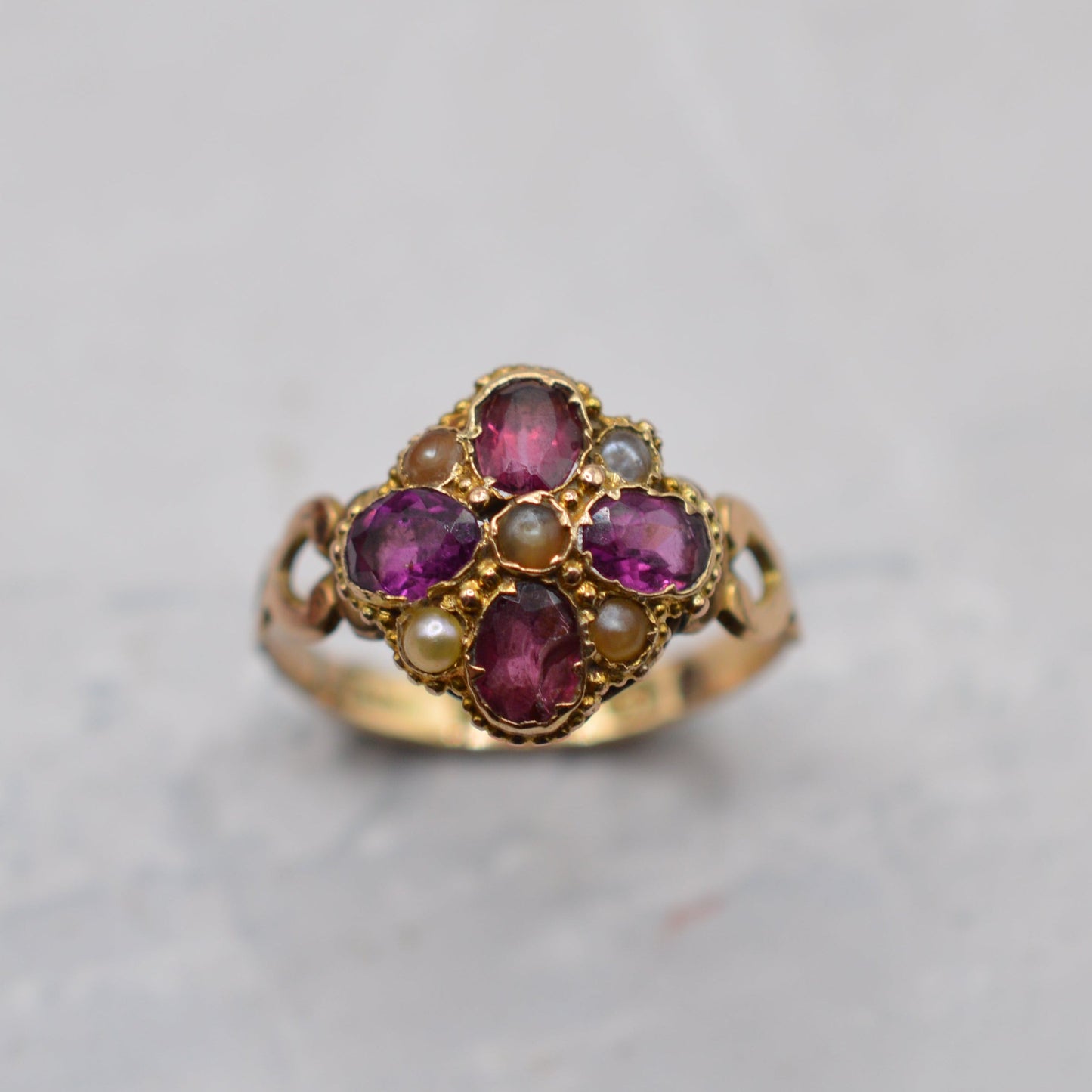 Antique Victorian 12ct Gold Amethyst & Pearl Cluster Ring