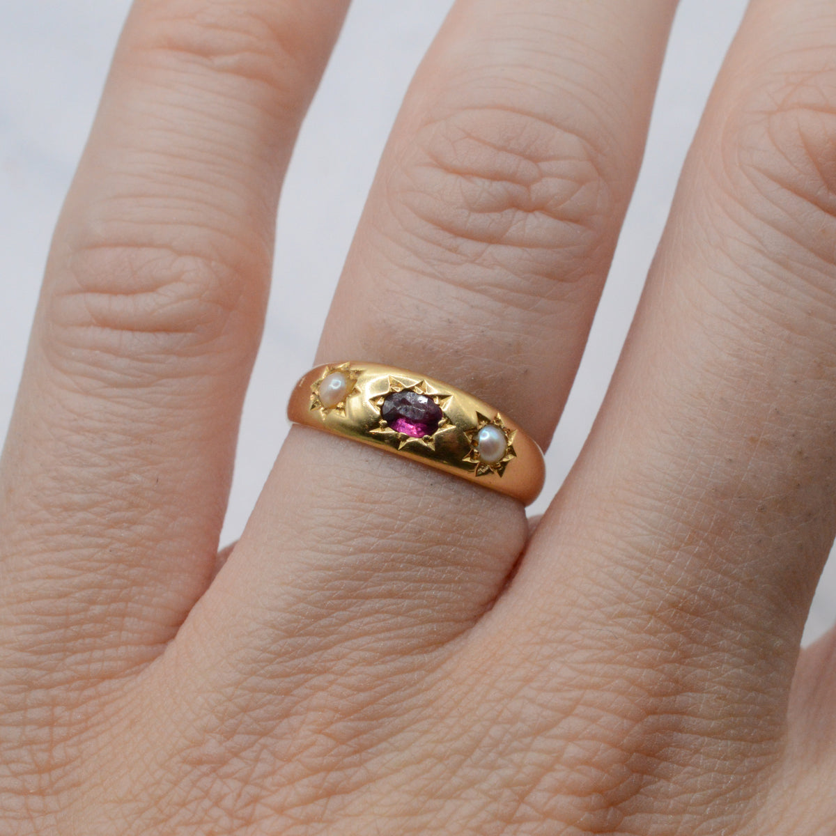 Edwardian Antique 18ct Gold Garnet & Pearl Starburst Gypsy Ring