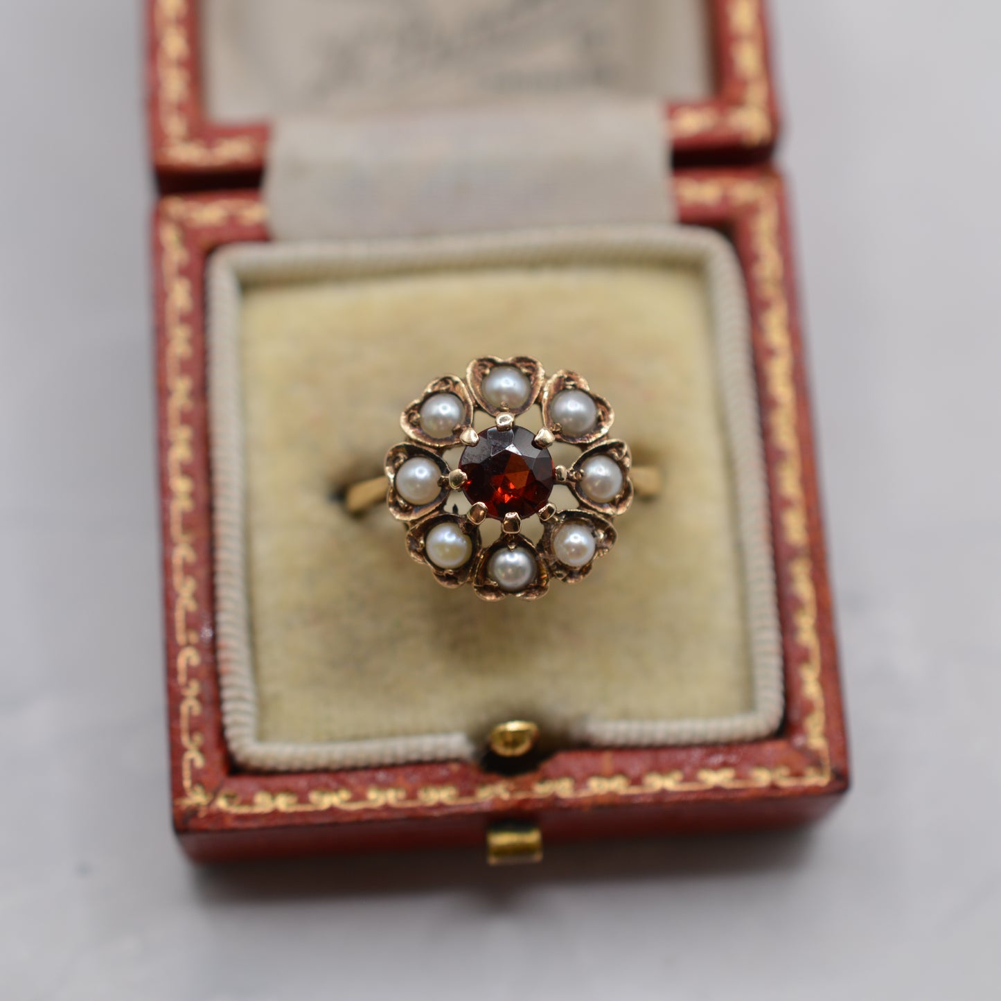 1960s Vintage 9ct Gold Garnet & Pearl Cluster Ring