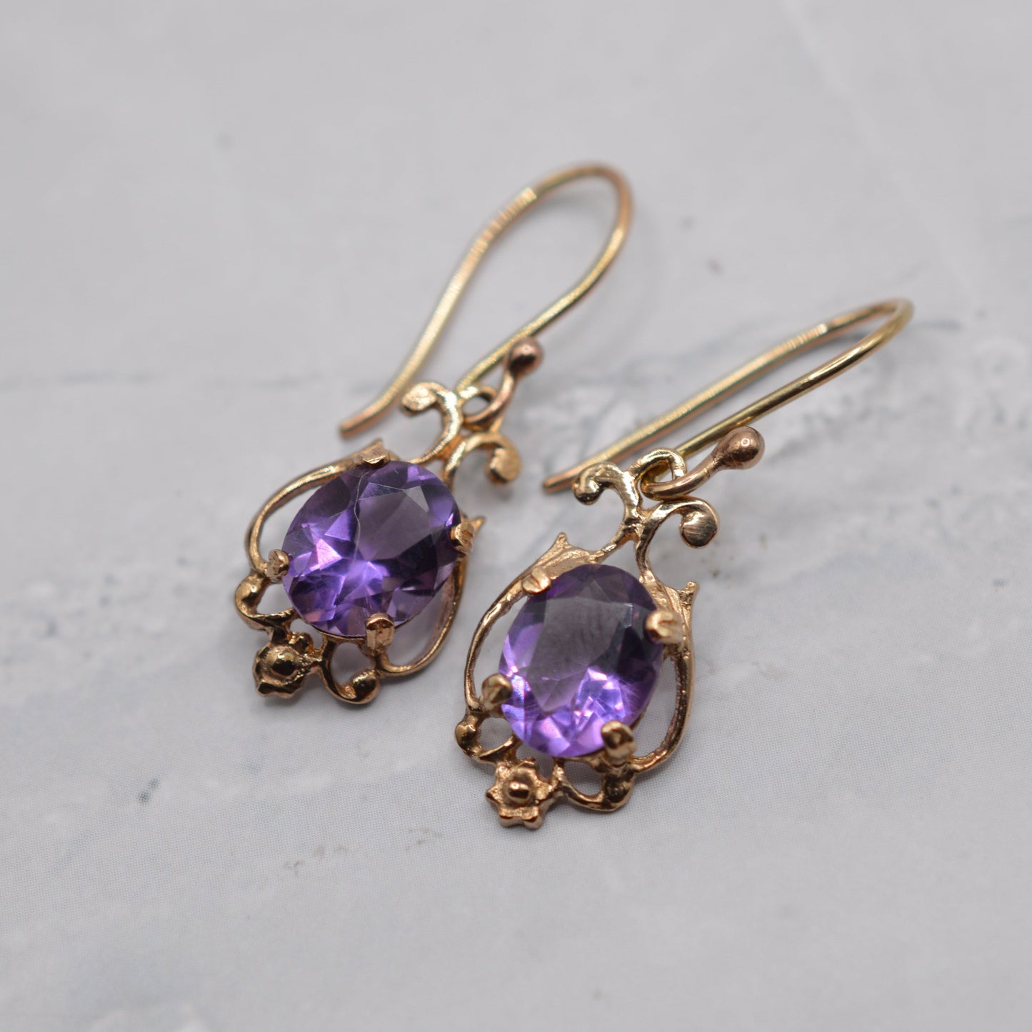 1990s 9ct Gold Amethyst Drop Earrings
