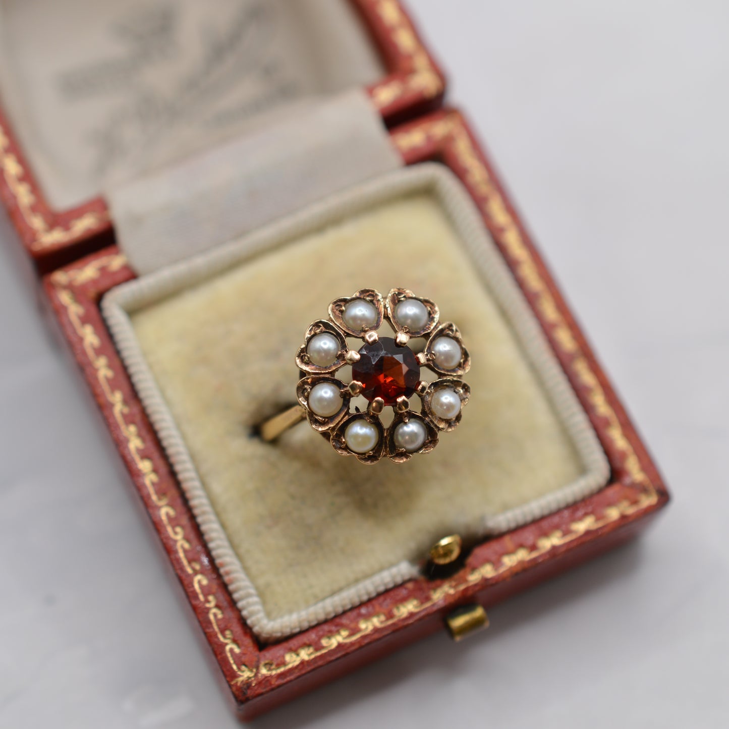 1960s Vintage 9ct Gold Garnet & Pearl Cluster Ring