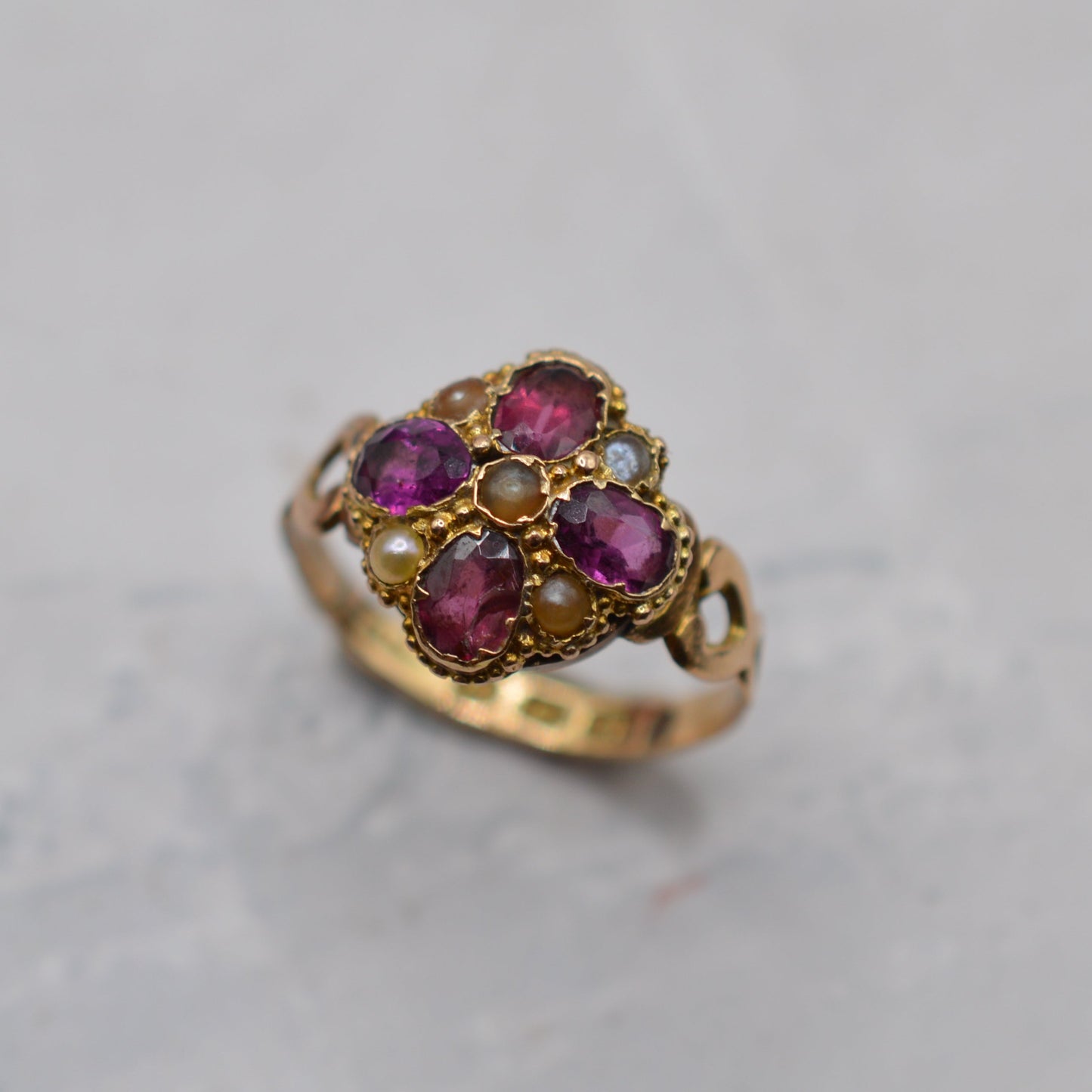 Antique Victorian 12ct Gold Amethyst & Pearl Cluster Ring