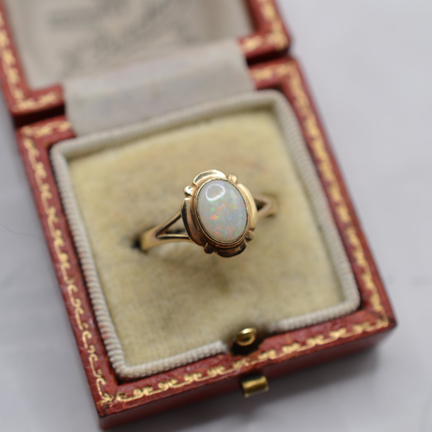 9ct Gold Opal Ring with Art Nouveau–Style Frame