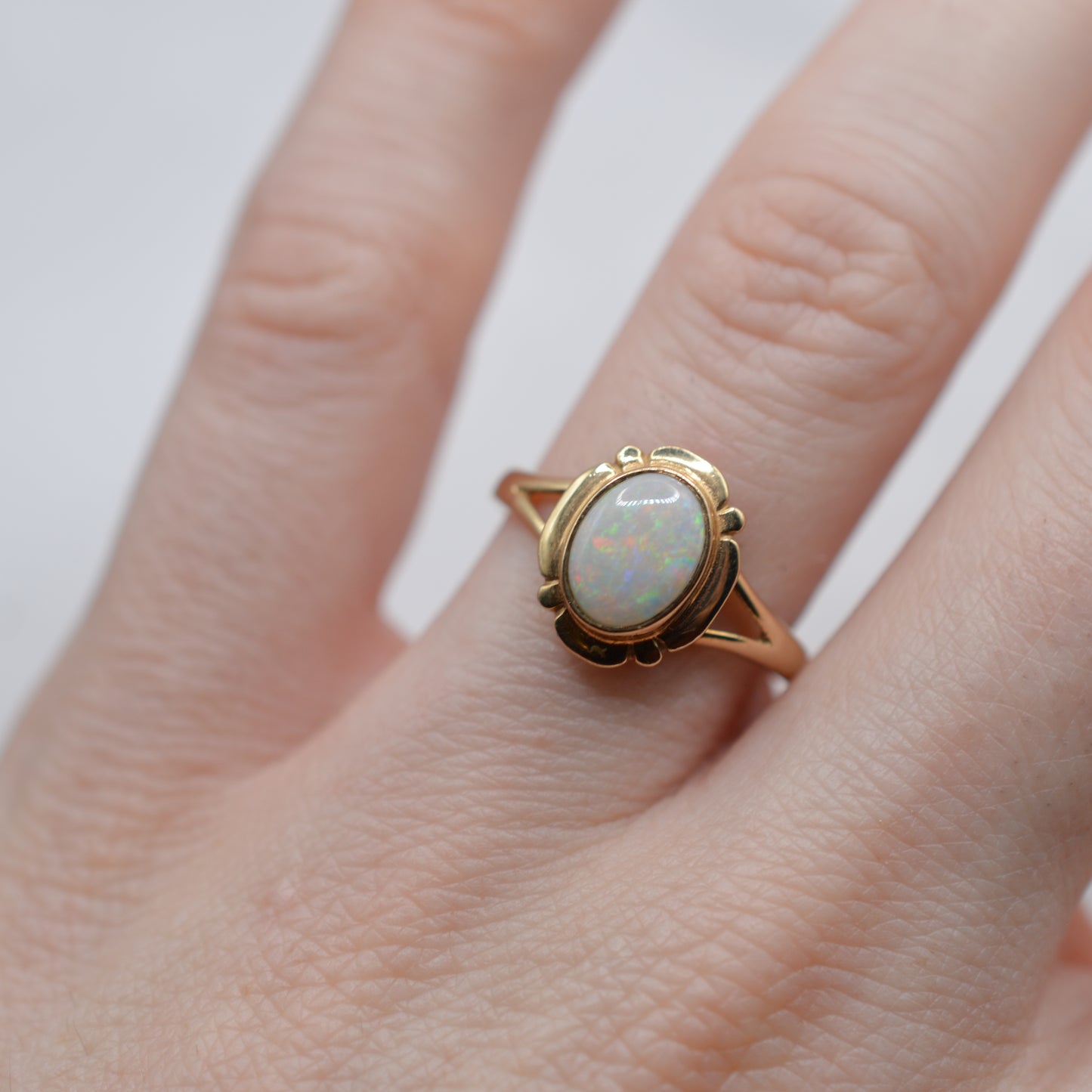9ct Gold Opal Ring with Art Nouveau–Style Frame