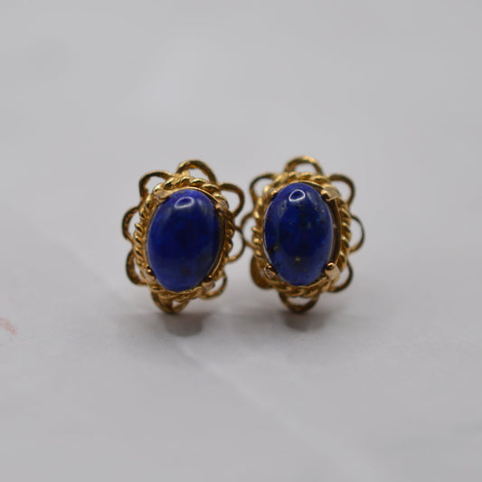 Vintage 9ct Gold Lapis Lazuli Earrings with Scallop Edge