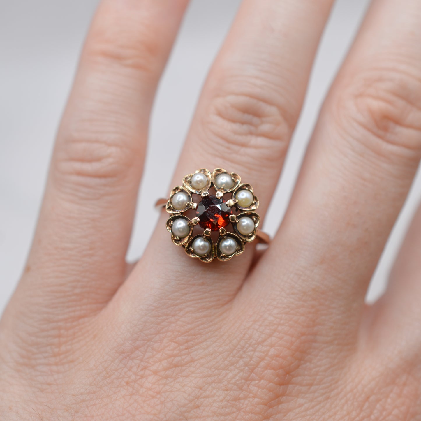 1960s Vintage 9ct Gold Garnet & Pearl Cluster Ring