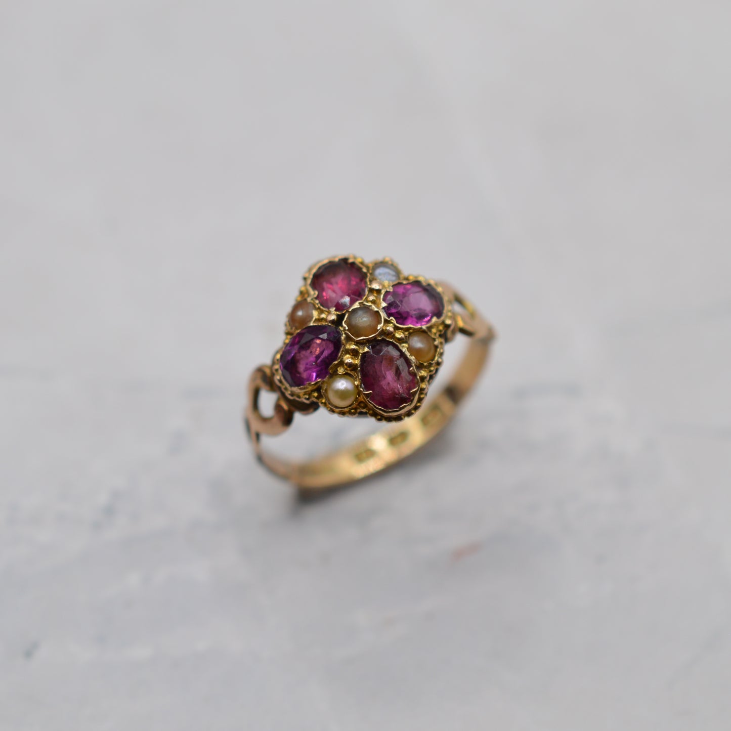 Antique Victorian 12ct Gold Amethyst & Pearl Cluster Ring