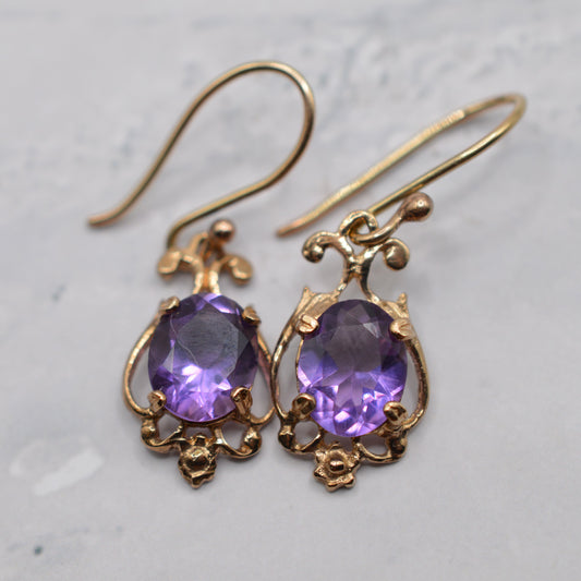 1990s 9ct Gold Amethyst Drop Earrings