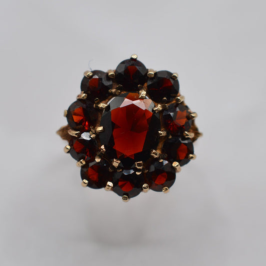 Chunky 1970s Vintage 9ct Gold Garnet Cluster Ring