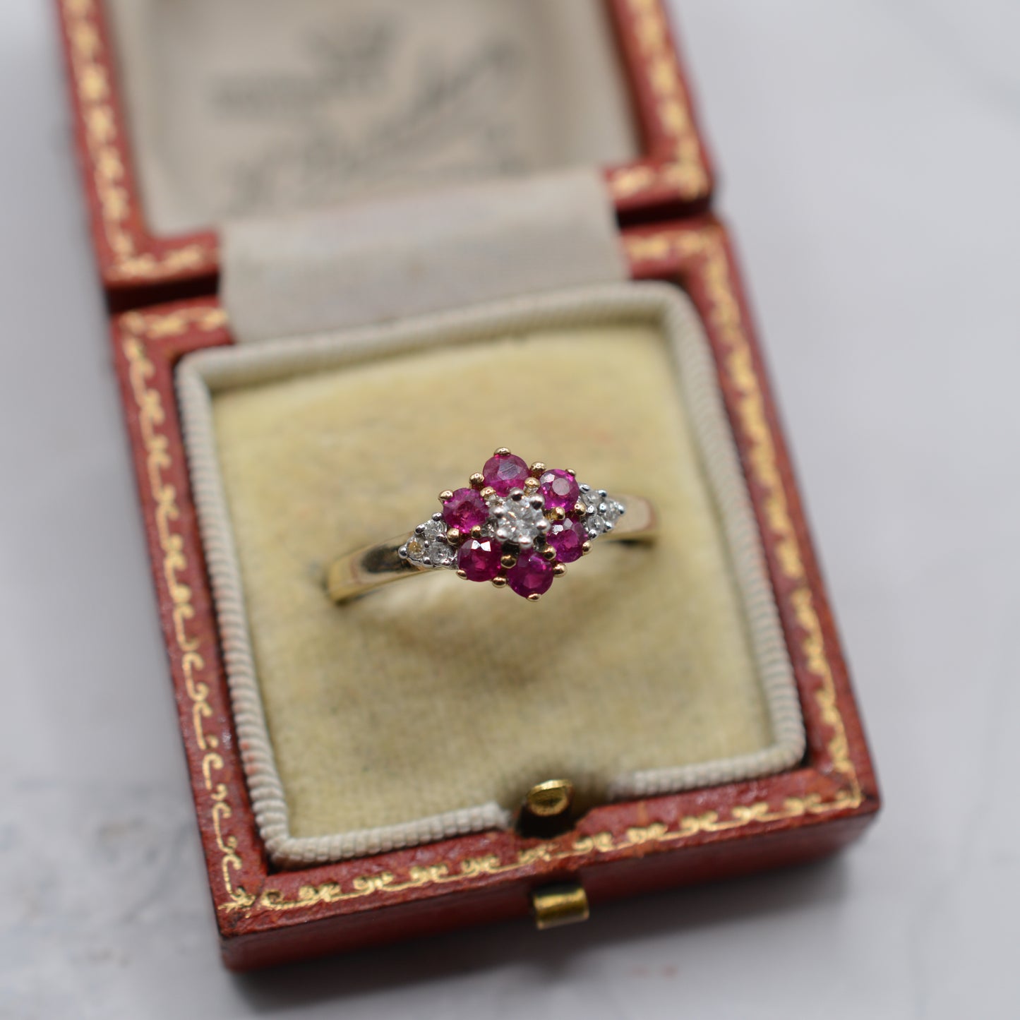 Y2K-era 9ct Gold Ruby & Diamond Floral Cluster Ring