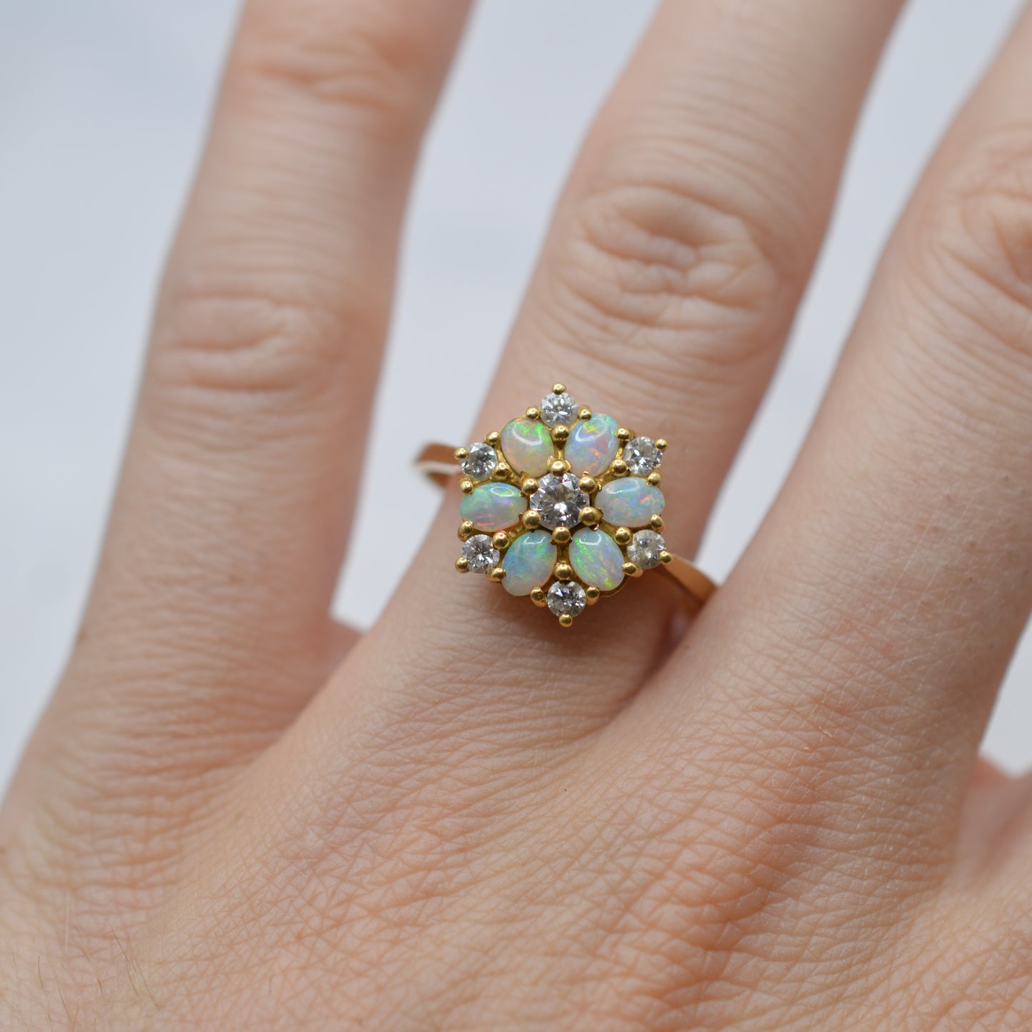 1970s Vintage 18ct Gold Opal & Diamond  Cluster Ring