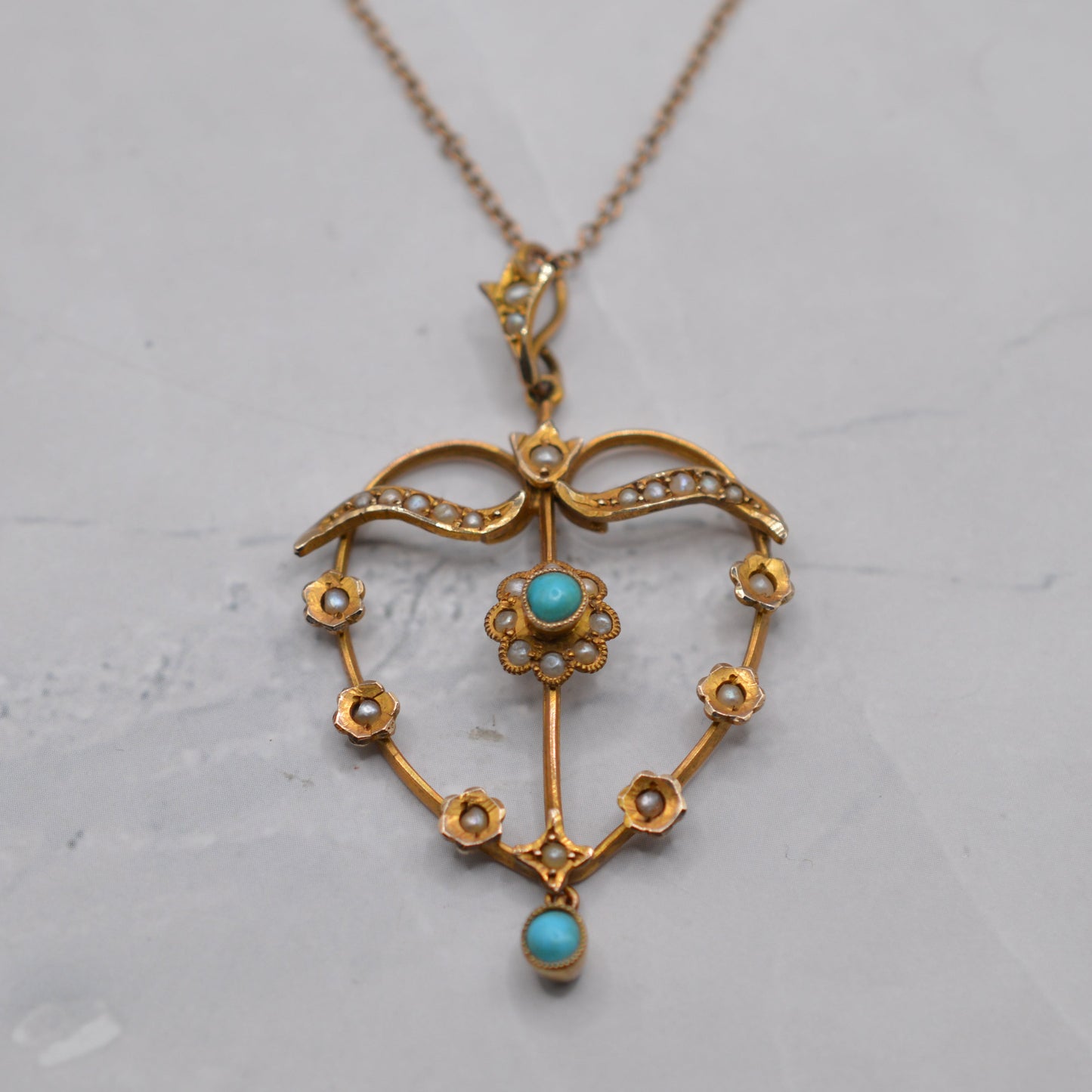 Antique Edwardian 9ct Gold Turquoise & Pearl Lavalier Pendant Necklace (16”)