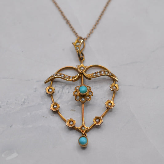 Antique Edwardian 9ct Gold Turquoise & Pearl Lavalier Pendant Necklace (16”)
