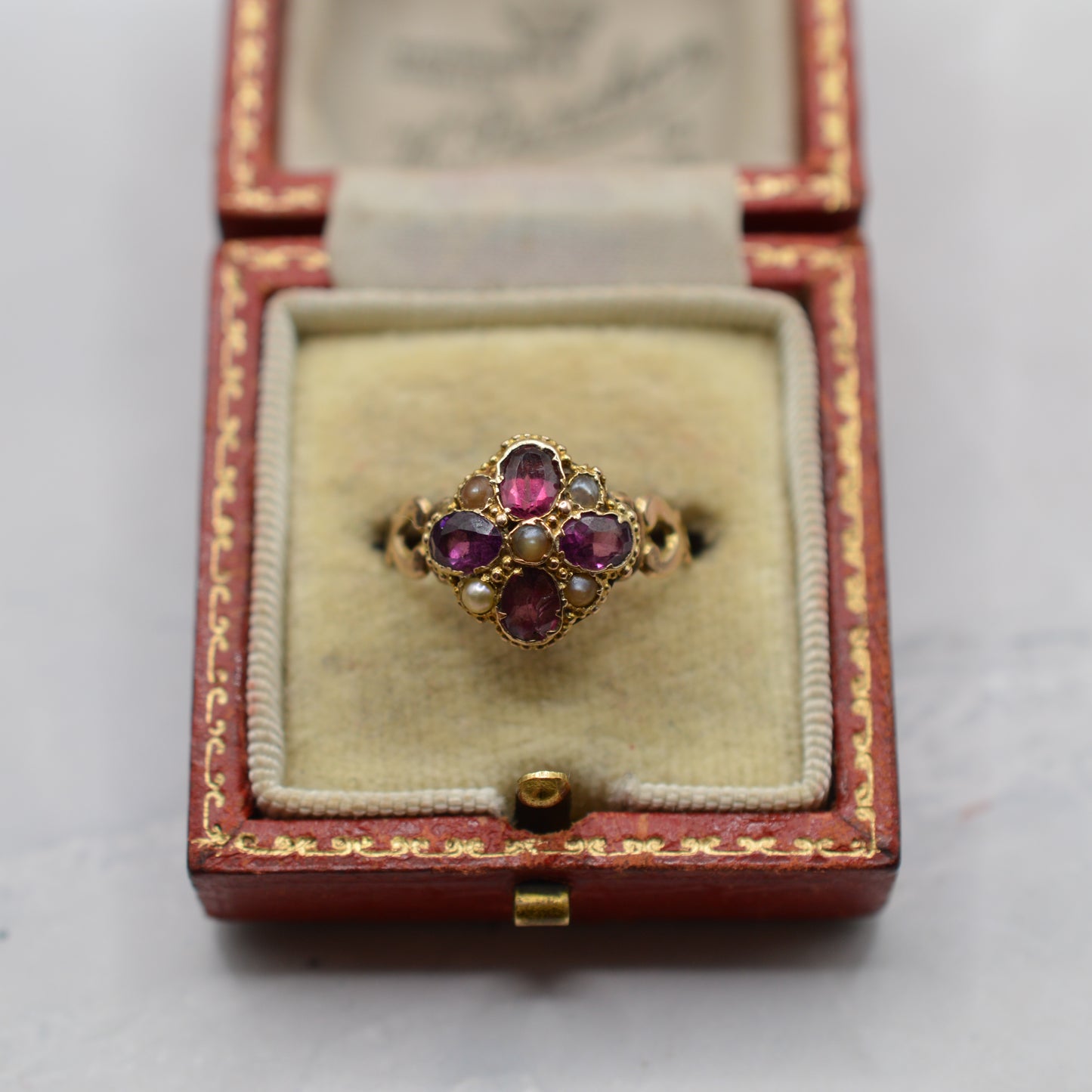 Antique Victorian 12ct Gold Amethyst & Pearl Cluster Ring