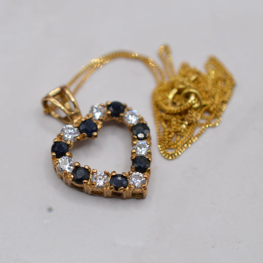 9ct Gold Sapphire & CZ Heart Pendant Necklace (17” Chain)
