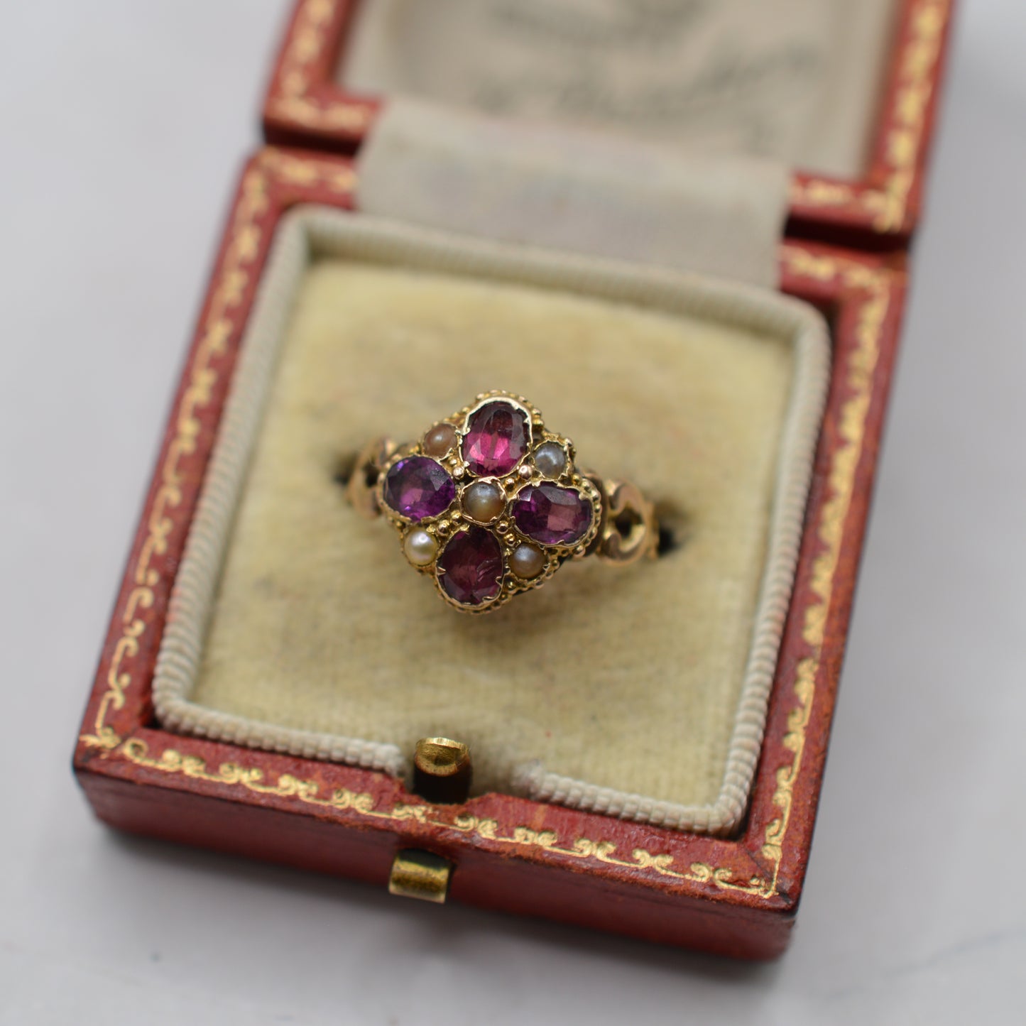 Antique Victorian 12ct Gold Amethyst & Pearl Cluster Ring