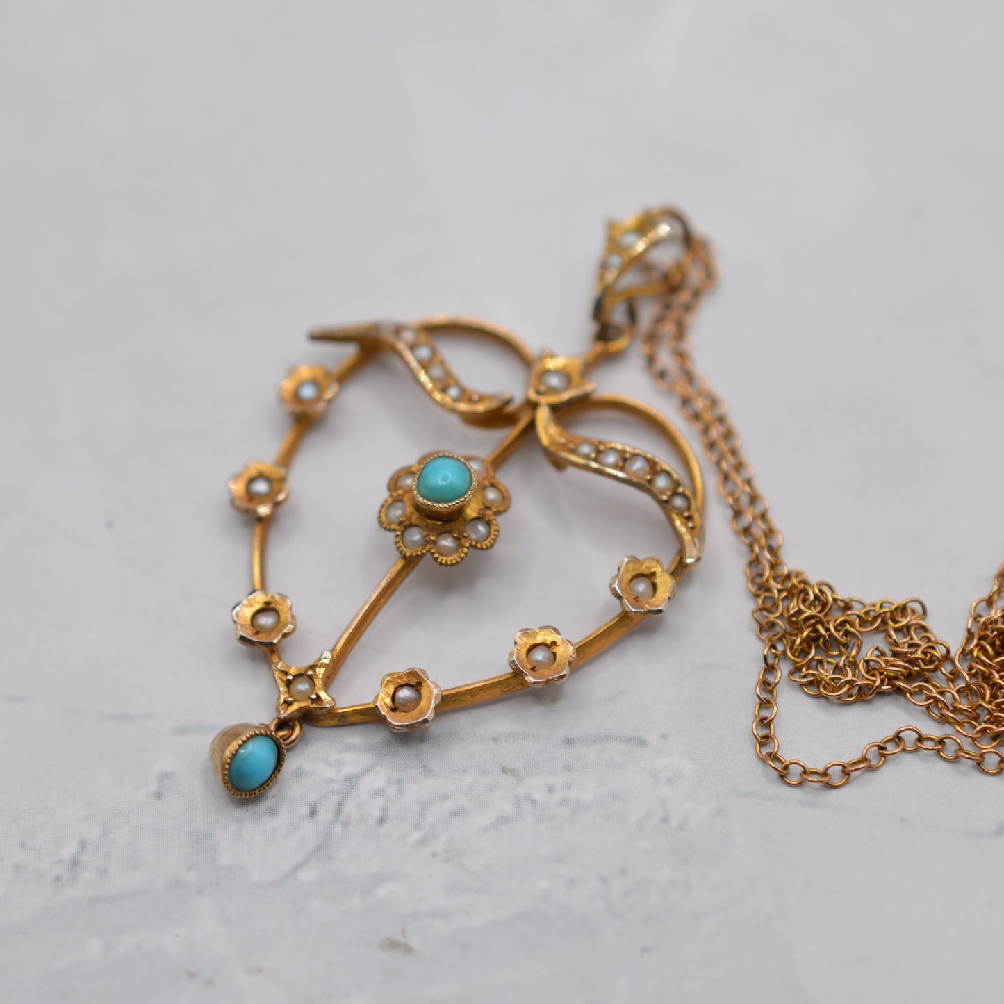 Antique Edwardian 9ct Gold Turquoise & Pearl Lavalier Pendant Necklace (16”)