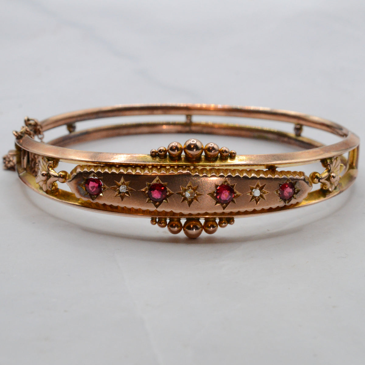 Antique Edwardian 1903 9ct Gold Ruby & Diamond Bangle Bracelet, Etruscan Revival