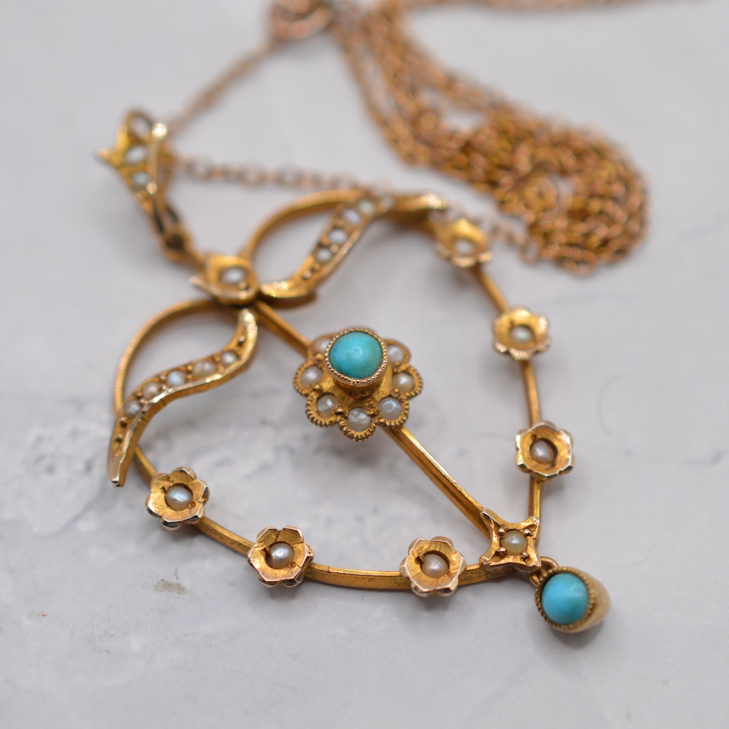 Antique Edwardian 9ct Gold Turquoise & Pearl Lavalier Pendant Necklace (16”)
