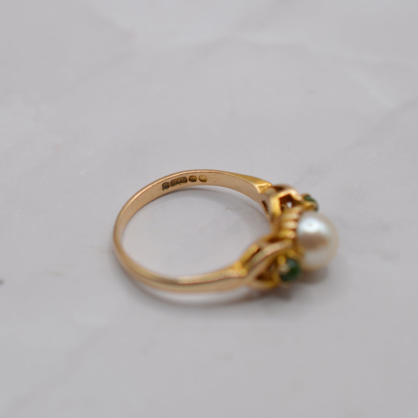 1960s Vintage 9ct Gold Pearl & Jade Trilogy Ring