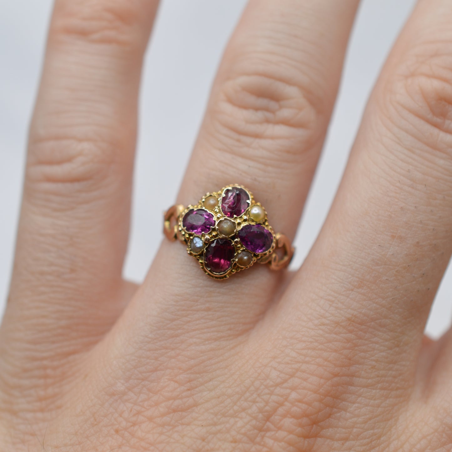 Antique Victorian 12ct Gold Amethyst & Pearl Cluster Ring