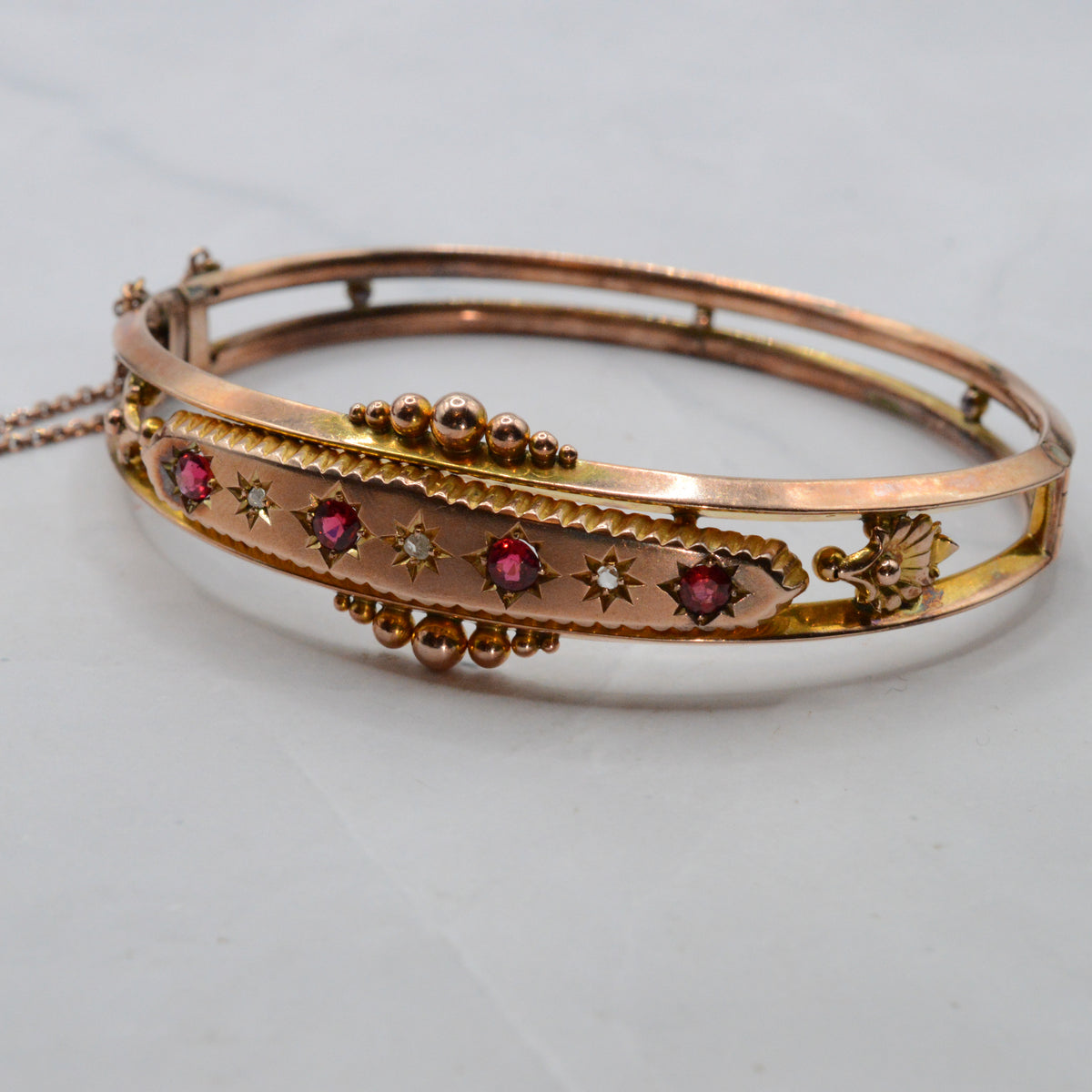 Antique Edwardian 1903 9ct Gold Ruby & Diamond Bangle Bracelet, Etruscan Revival