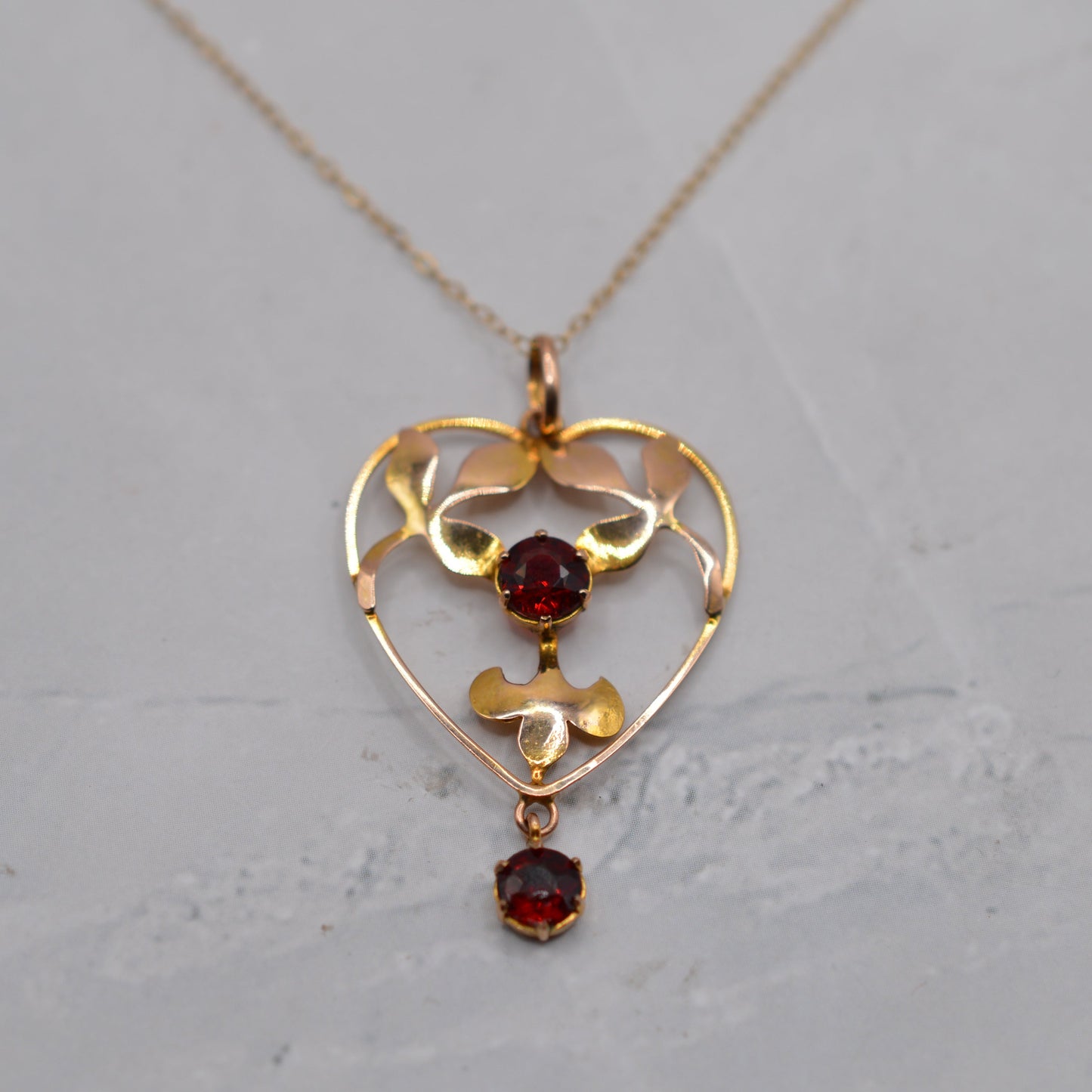 Antique Art Nouveau 9ct Gold Garnet Heart Pendant Necklace