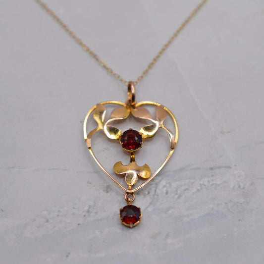 Antique Art Nouveau 9ct Gold Garnet Heart Pendant Necklace