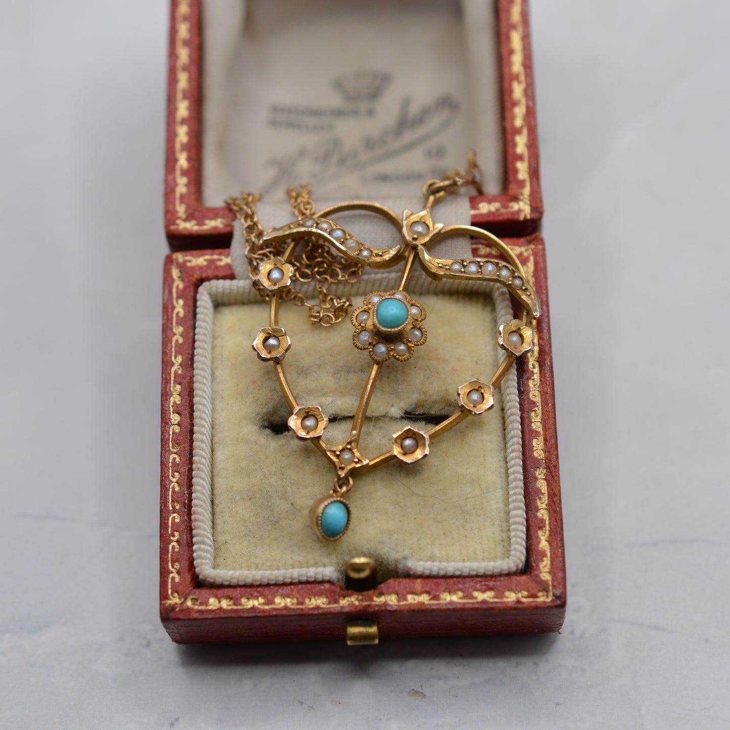 Antique Edwardian 9ct Gold Turquoise & Pearl Lavalier Pendant Necklace (16”)