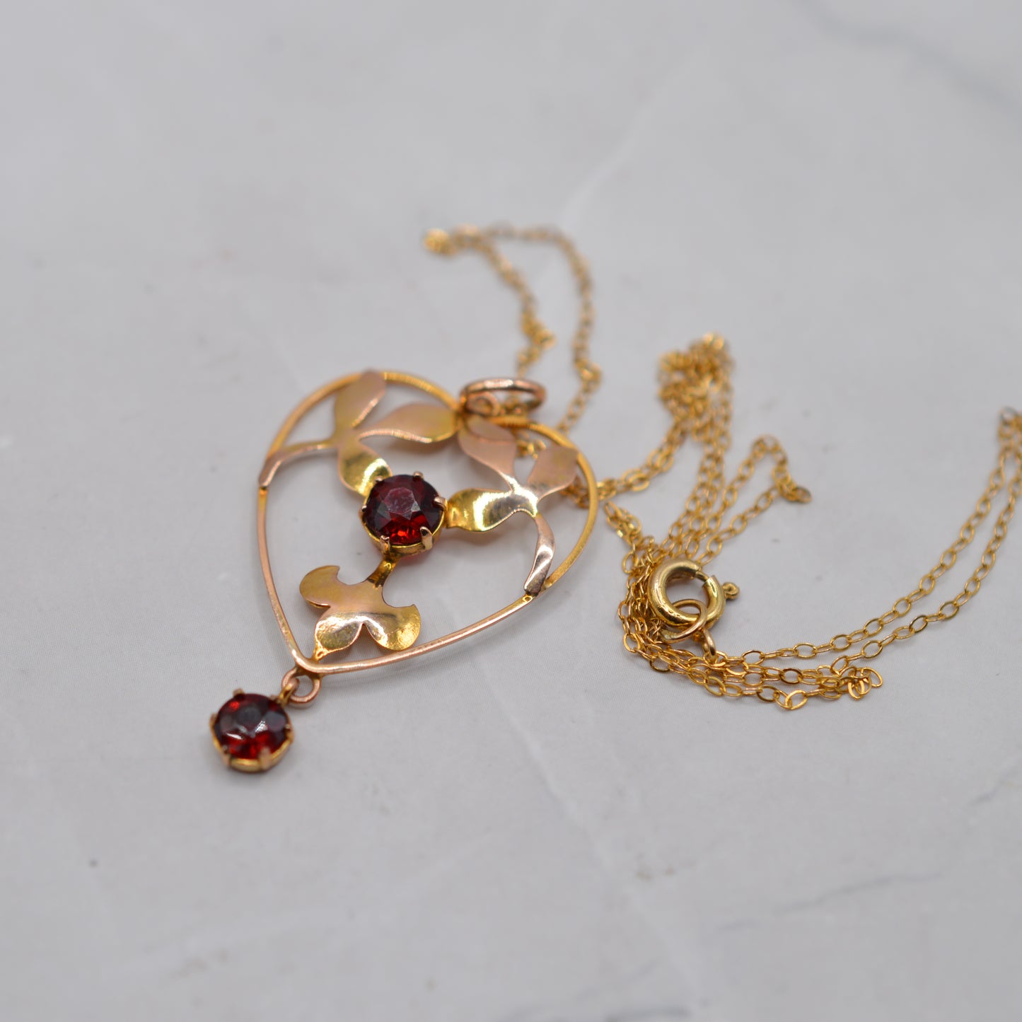 Antique Art Nouveau 9ct Gold Garnet Heart Pendant Necklace