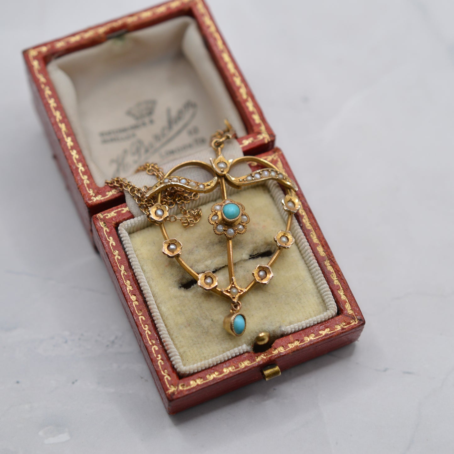 Antique Edwardian 9ct Gold Turquoise & Pearl Lavalier Pendant Necklace (16”)