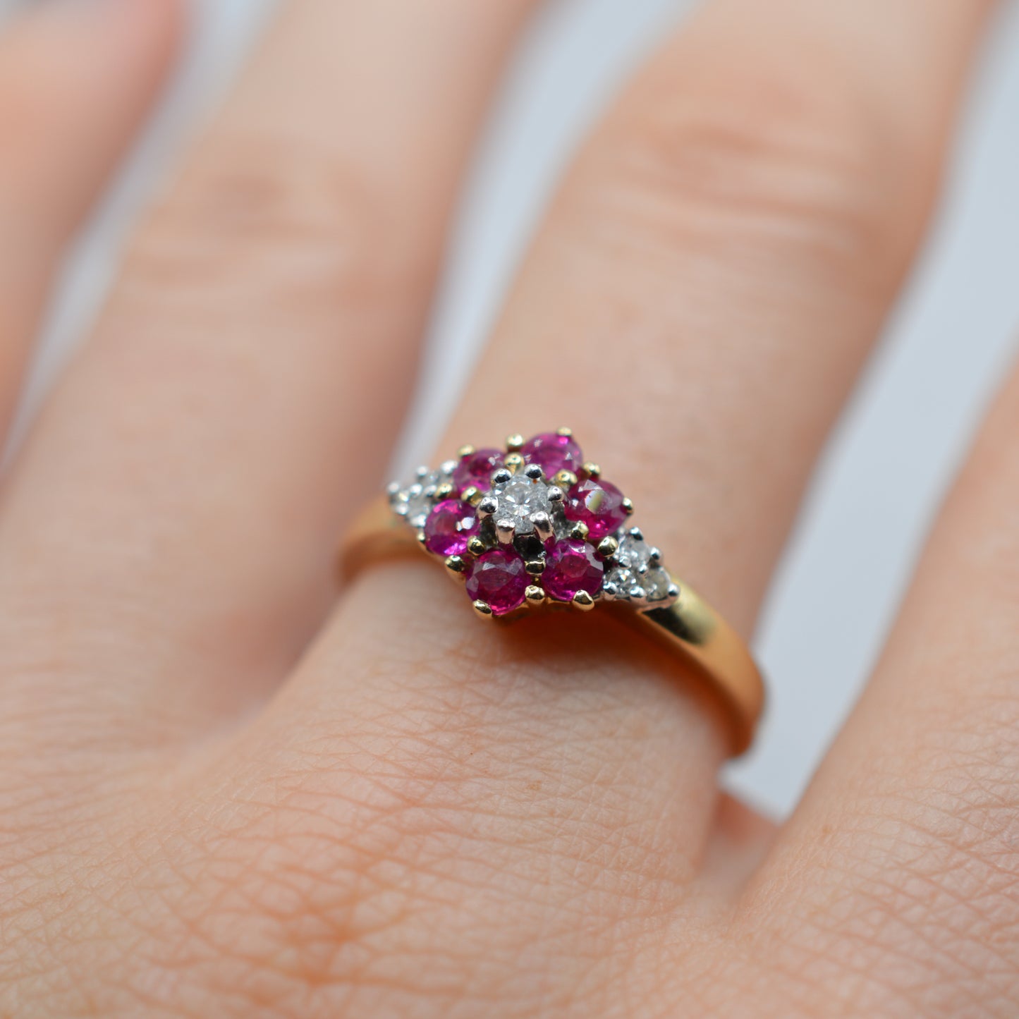 Y2K-era 9ct Gold Ruby & Diamond Floral Cluster Ring