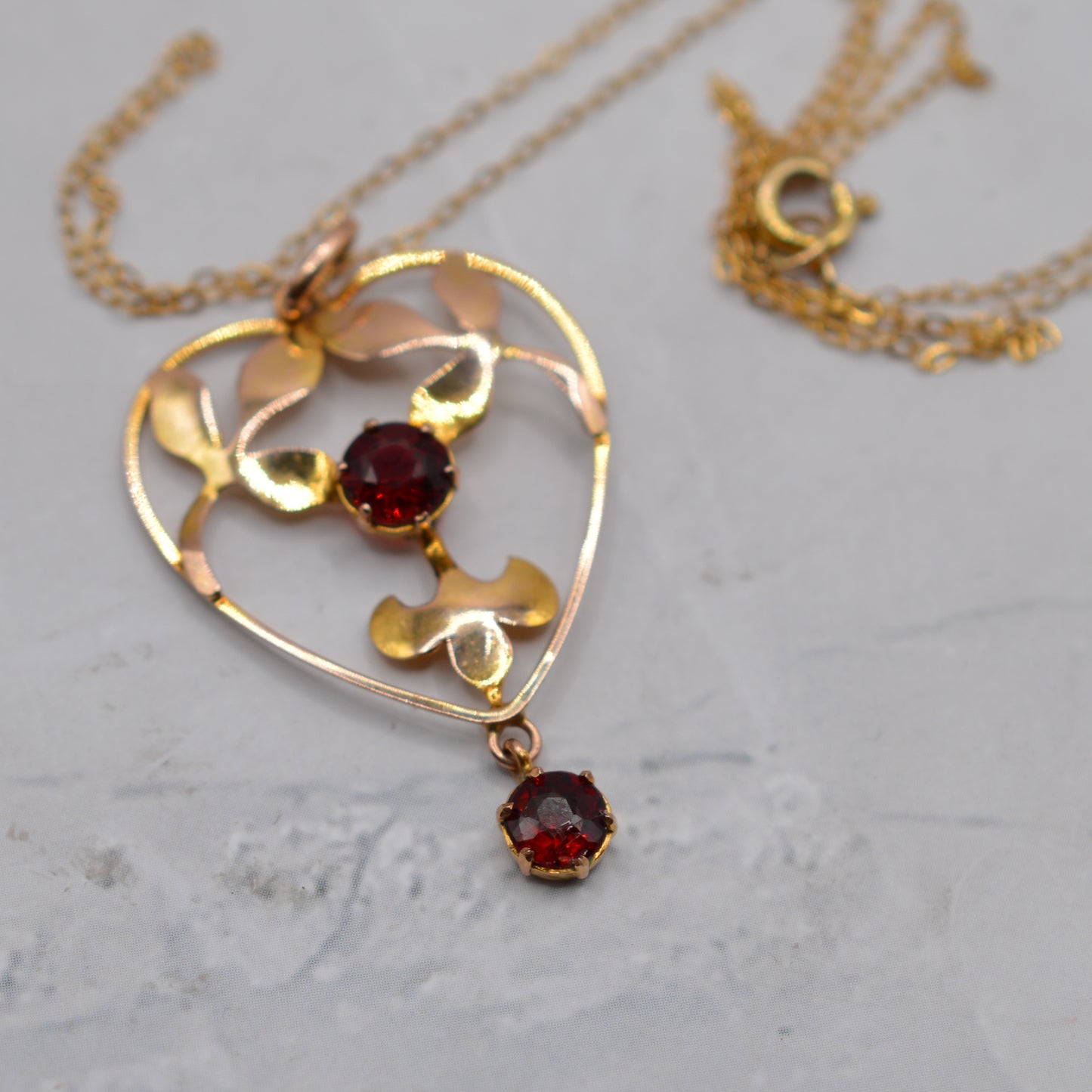 Antique Art Nouveau 9ct Gold Garnet Heart Pendant Necklace