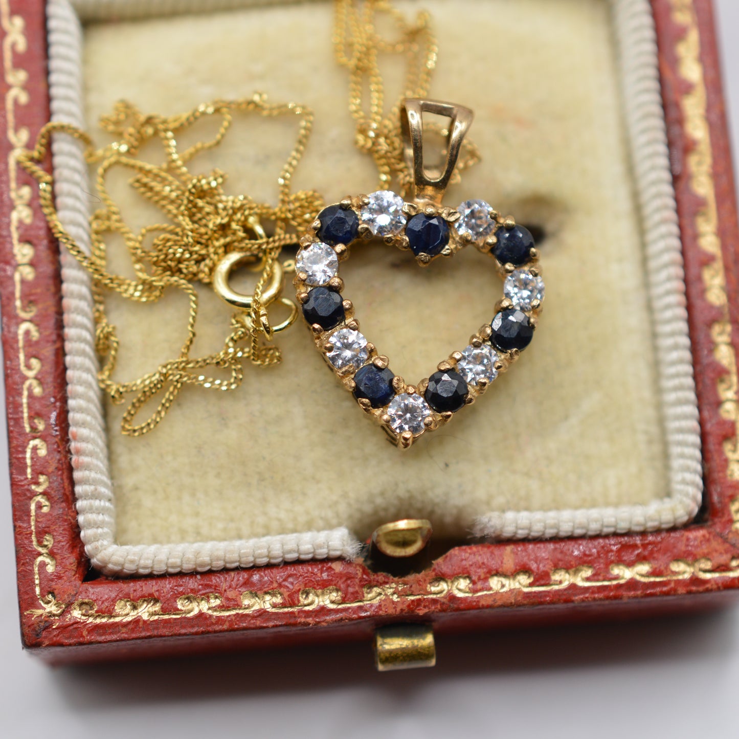 9ct Gold Sapphire & CZ Heart Pendant Necklace (17” Chain)